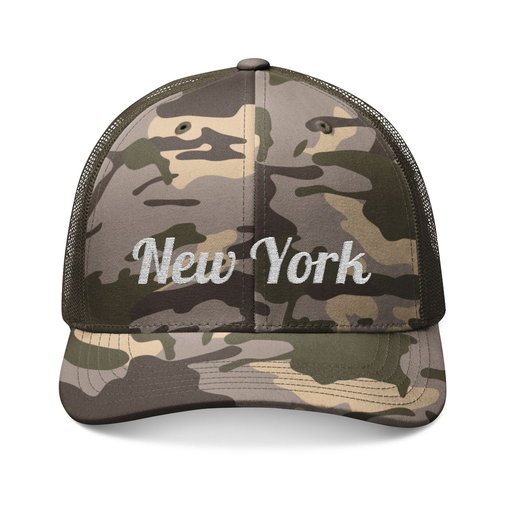 Camo Embroidered Trucker Hat — “New York” Mesh Back Cap