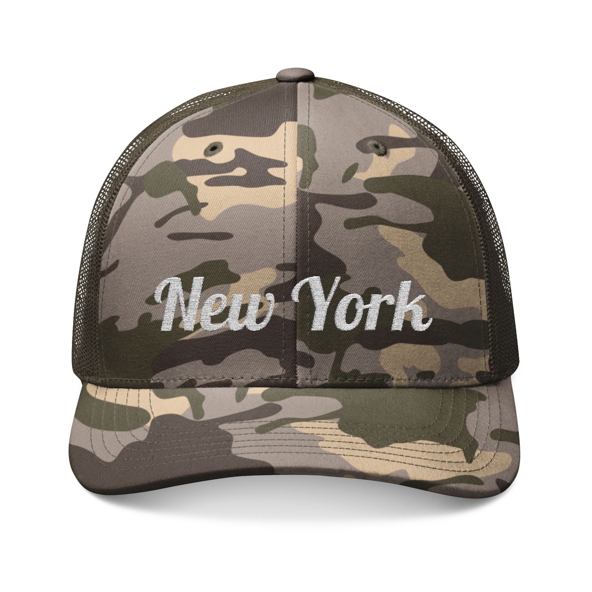 Camo Embroidered Trucker Hat — “New York” Mesh Back Cap