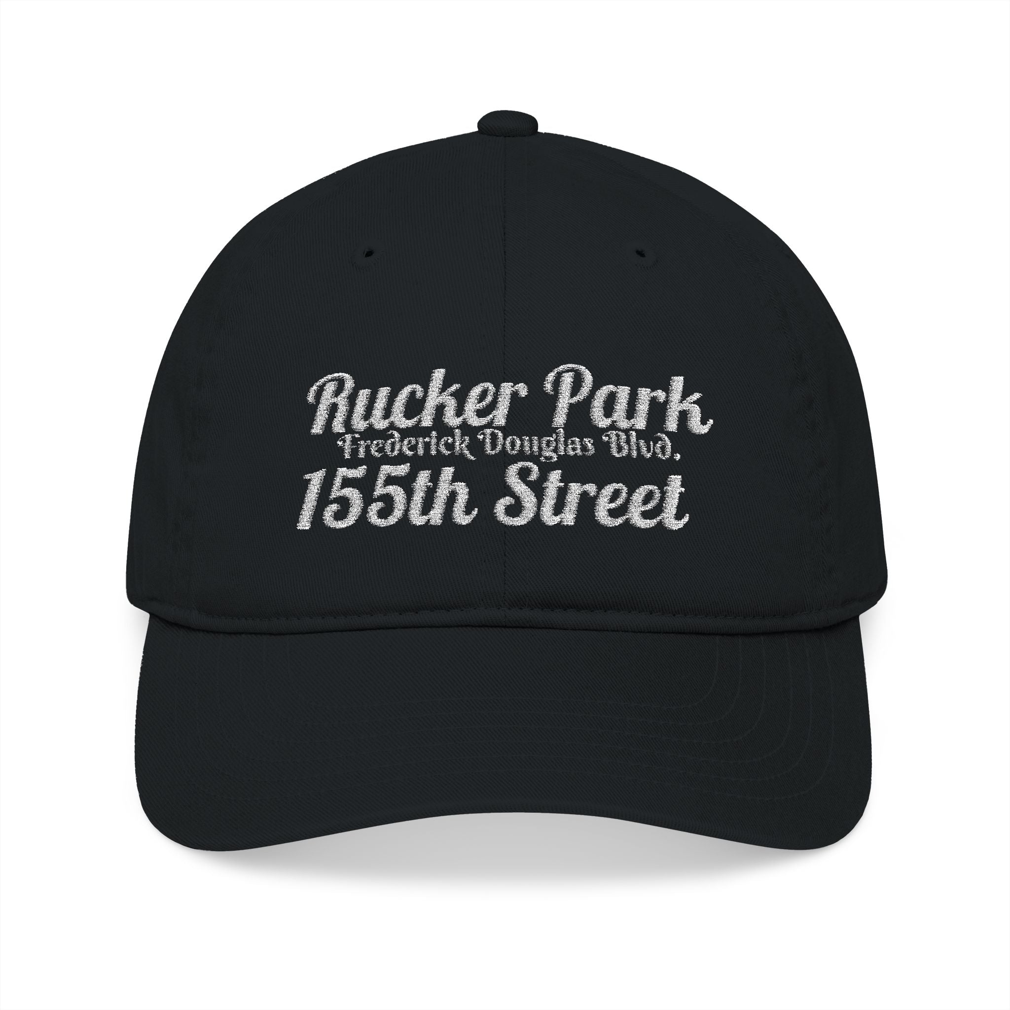 Rucker Park Embroidered Baseball Cap — Vintage Script Address Design