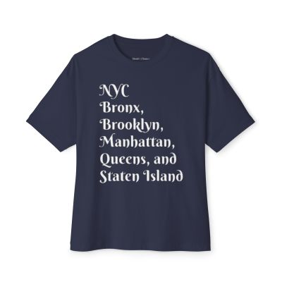 NYC Boroughs Graphic Tee — "Bronx, Brooklyn, Manhattan, Queens, and Staten Island" Oversized Boxy Shirt